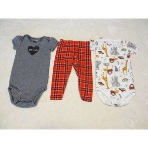 LOT OF 2 BABY ONESIES AND 1 PAIR RED CHECKED PANTS, ALL CARTERS BRAND, ALL 9 MON